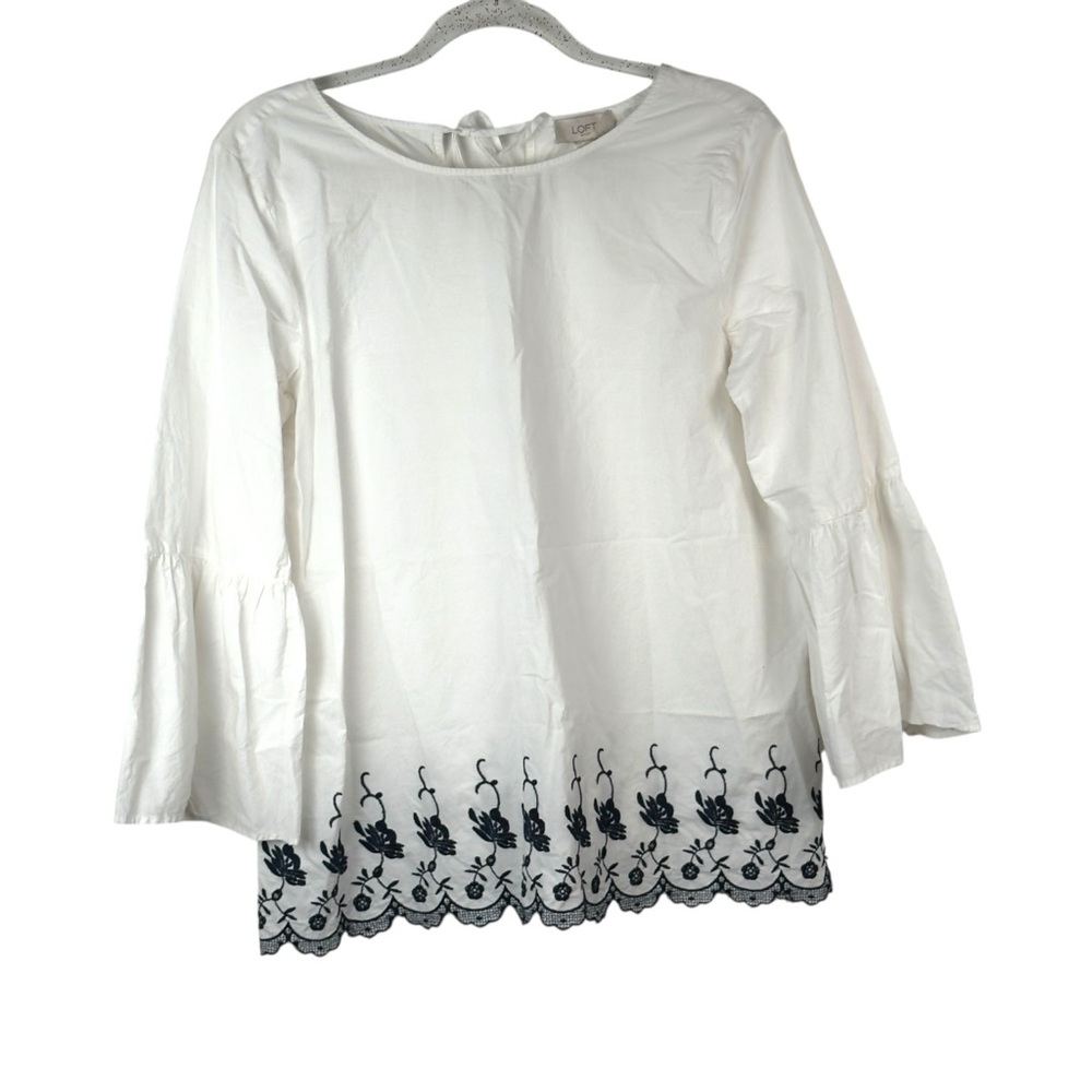LOFT‎ White Blouse with Blue Embellished Trim 3/4 Sleeves Sz M